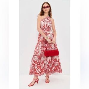 Farm Rio one shoulder red and white maxi dress